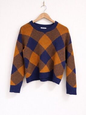 Madewell Argyle Sweater Mustard Navy Cropped Knit Crewneck Size S